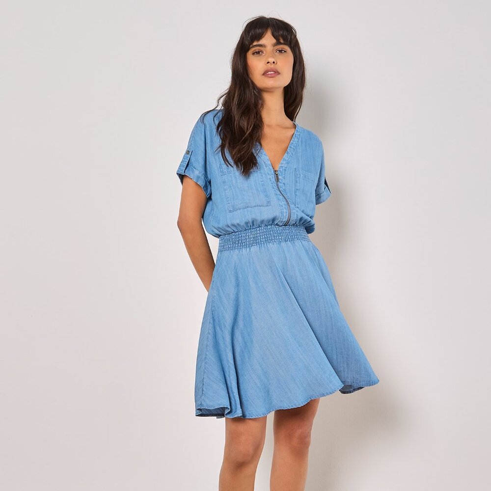 Soft Denim dress with smocked waist and Zip Front